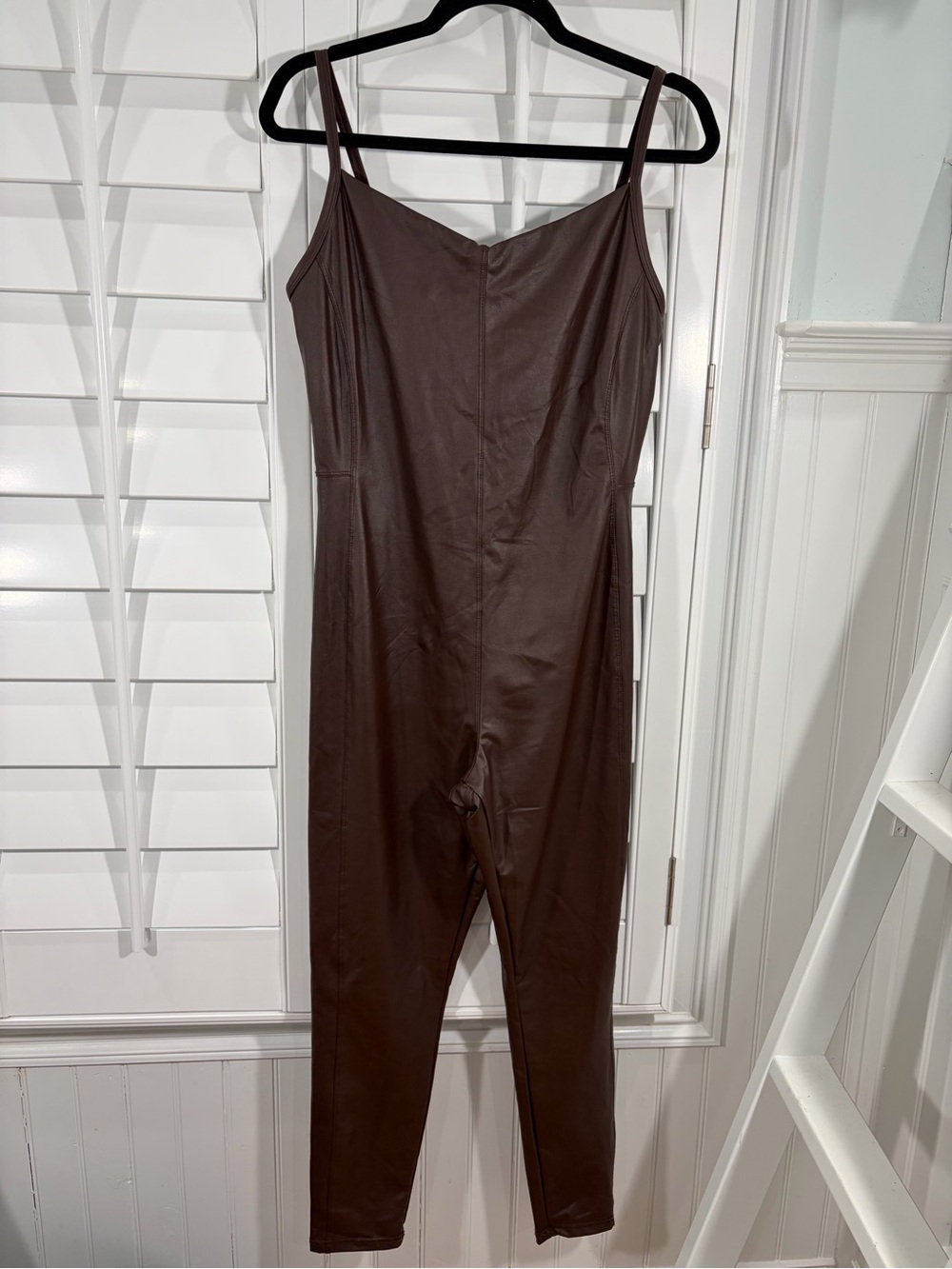 NWT aerie Offline Real Luxe Chocolate Brown Faux-Leather Slim Jumpsuit (L) - Picture 8 of 9